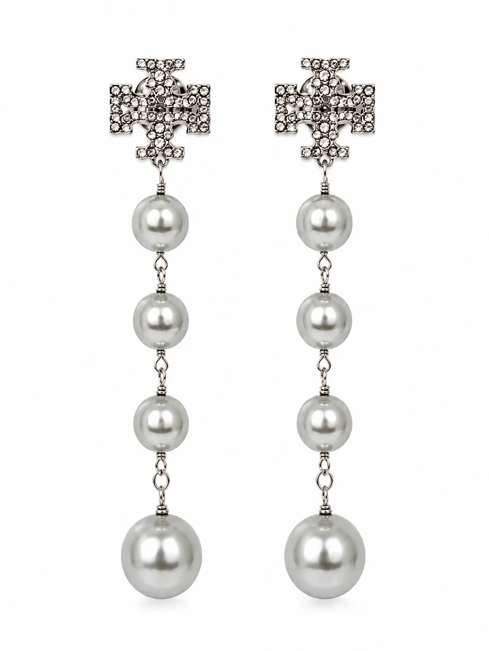 Tory Burch Crystal Double-T Logo Pearl Drop Earrings Silver Tone